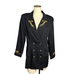 Vintage 80’s West 27th Street Black Gold Embroidery Double-breasted Long Blazer